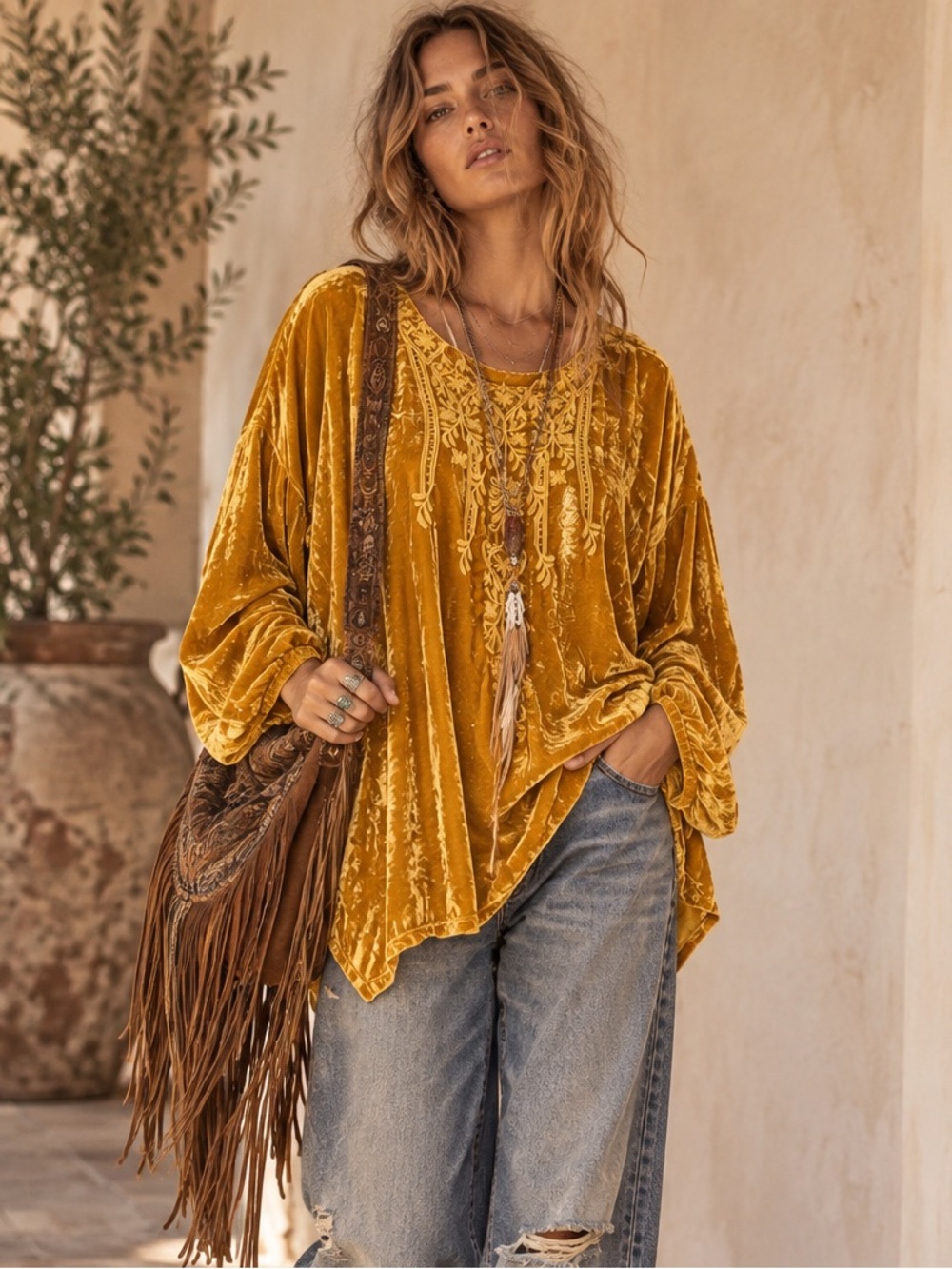 Johnny Was Antonella Golden Yellow Crushed Velvet Embroidered Floral Tunic Top🌻M